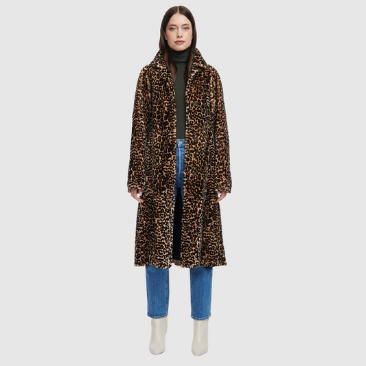 Knee length leopard print mouton wool coat Fitted a-line silhouette Notch collar Center front three button closure with tie wrap Slash pockets Fully lined