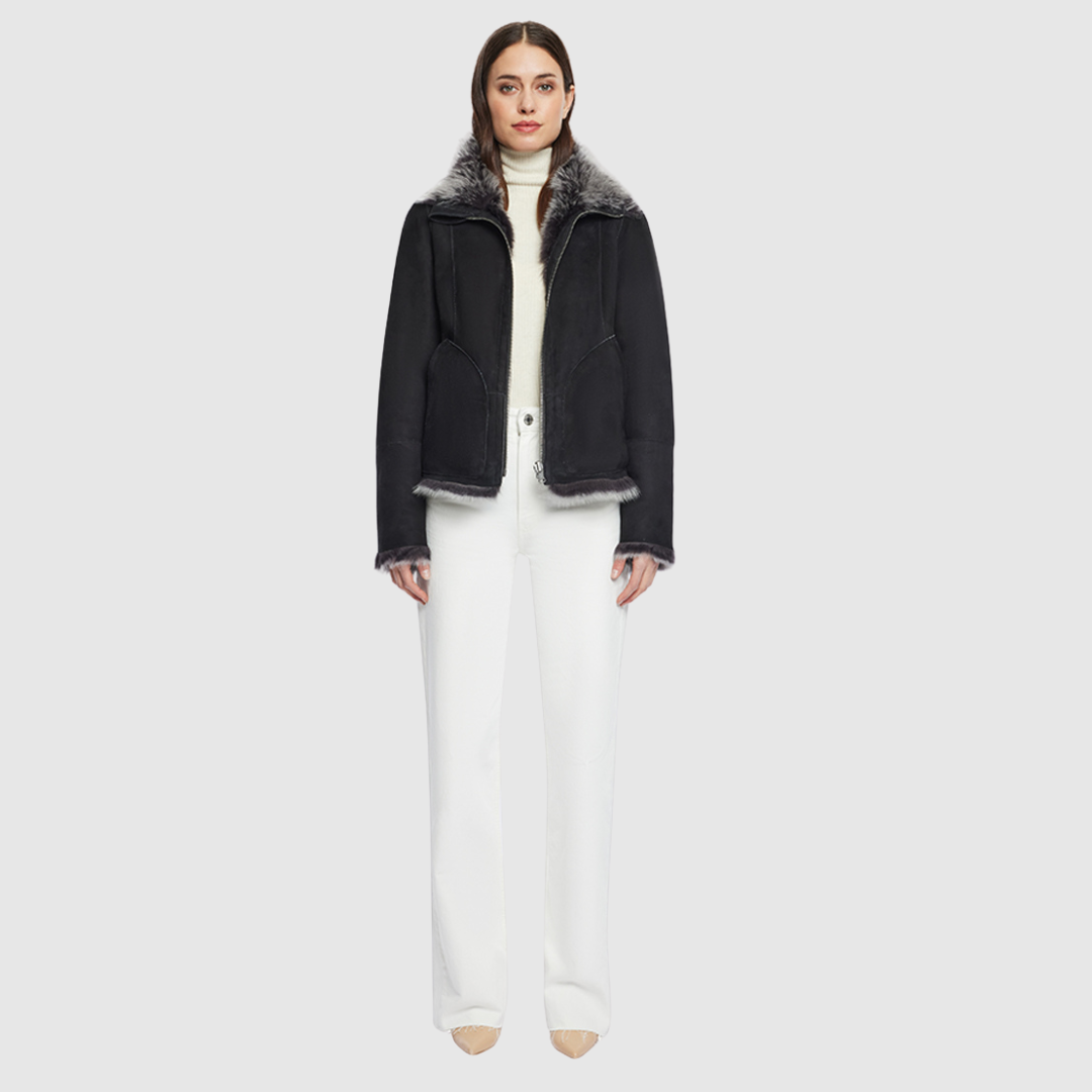 Cropped wool-out toscana teddy Reverses to a suede-out jacket Relaxed shoulder Spread collar Slash side pockets Front zip closure