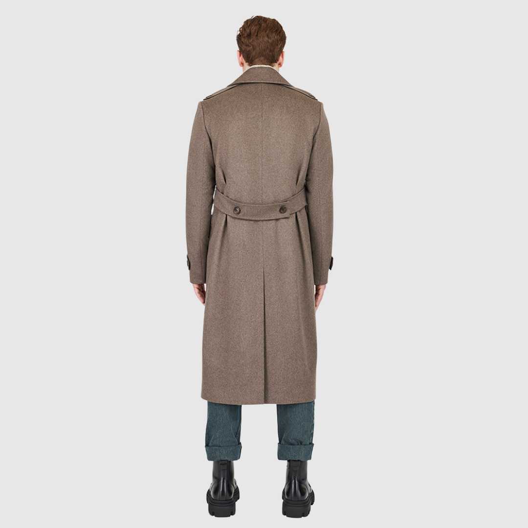 Loro Piana superfine wool Double breasted Semi-fitted through shoulder and arms, relaxed through torso Notch collar Back belt detail Back vent Flap pockets