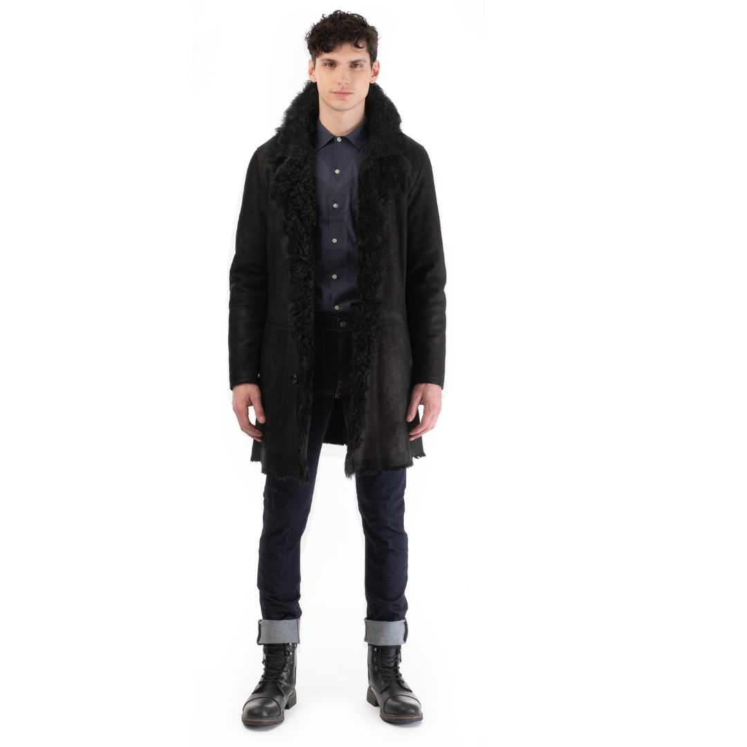 Medium length suede coat Curly toscana collar Notch lapel Single breasted Button closure Fits true to size Tapers through the torso Interior zip pocket