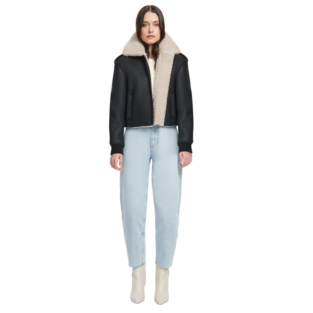 Nappa cropped moto inspired bomber Relaxed shoulder Slim fit Rib knit sleeve cuff