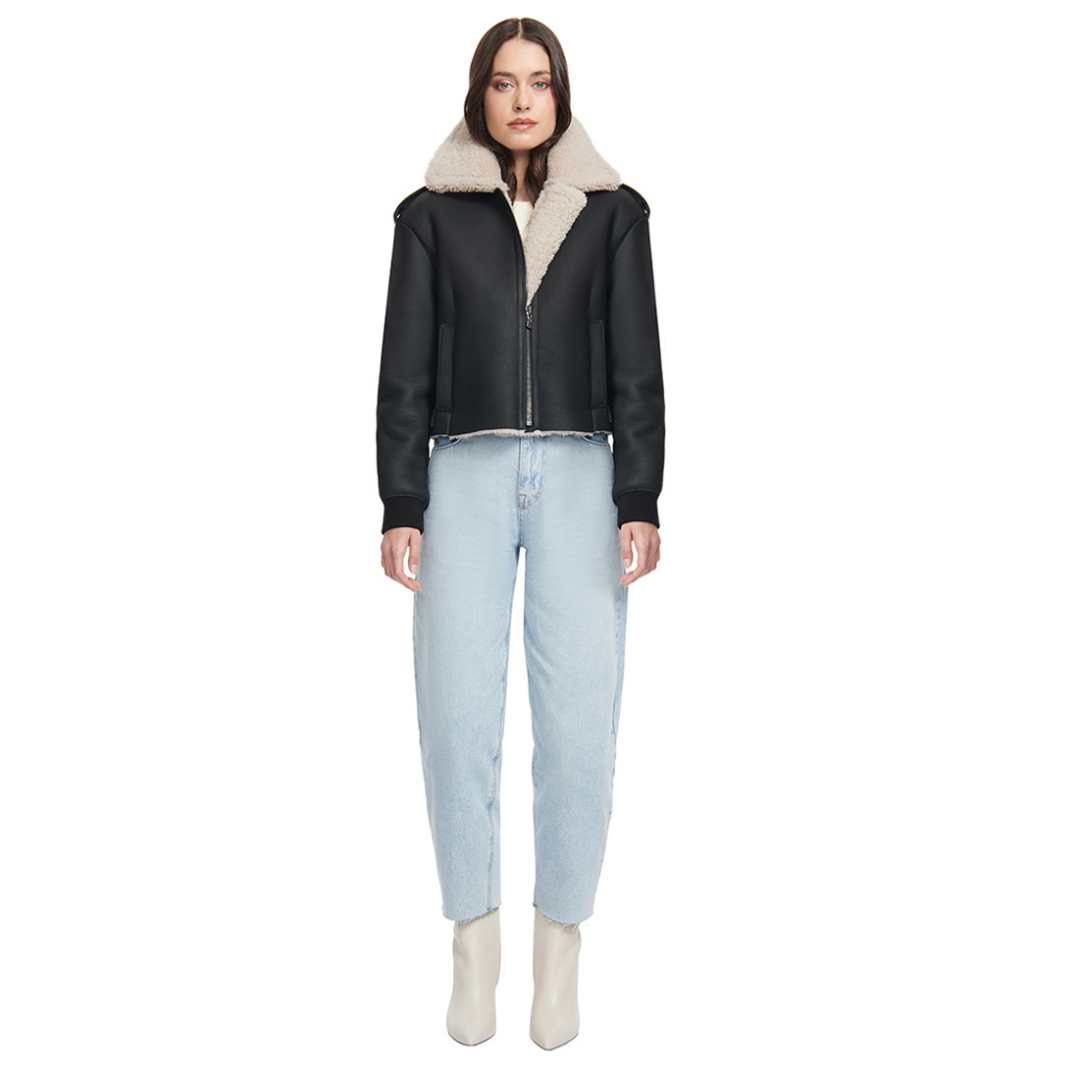 Nappa cropped moto inspired bomber Relaxed shoulder Slim fit Rib knit sleeve cuff